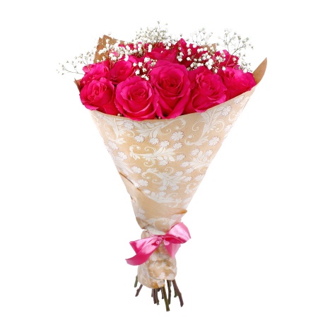 Букет "15 розовых роз с гипсофилой в крафте"