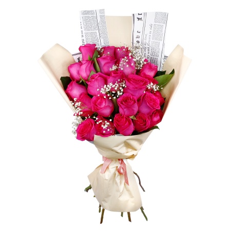 Букет "25 розовых роз с рускусом и гипсофилой"