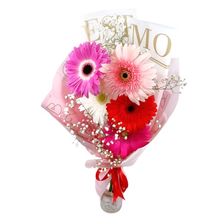 Букет "5 гербер микс с гипсофилой в корейской упаковке"