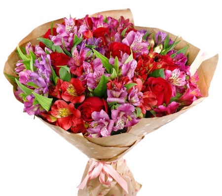 Букет " 25 альстромерий микс с красными розами"