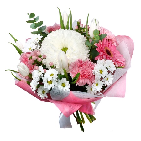 Букет "С тюльпанами, хризантемой и гвоздикой"