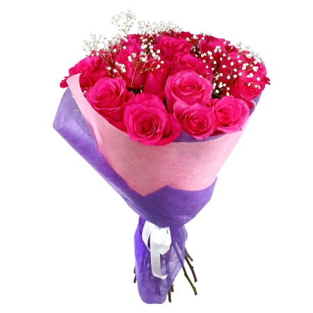 Букет "25 розовых роз с гипсофилой в фетре"