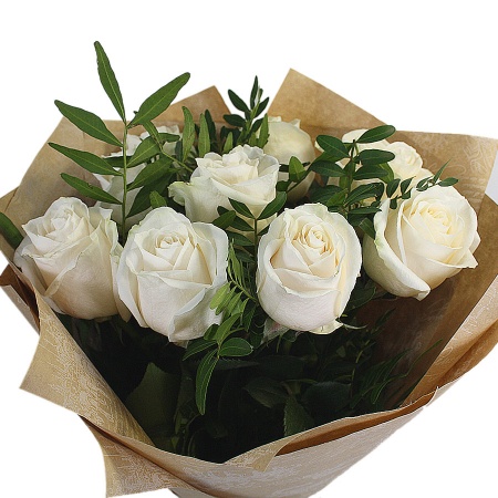 Букет "9 белых роз с зеленью"
