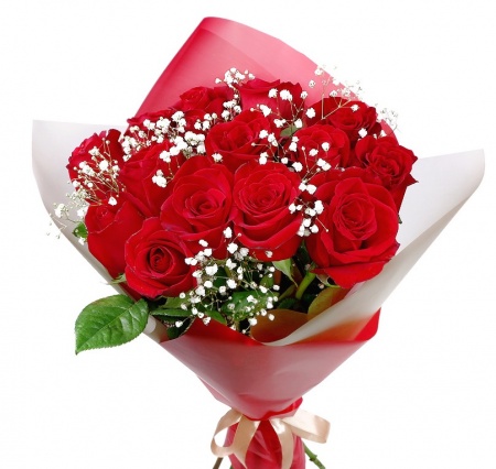 Букет "15 красных роз с гипсофилой в корейской упаковке" Букет "15 красных роз с гипсофилой в корейской упаковке"