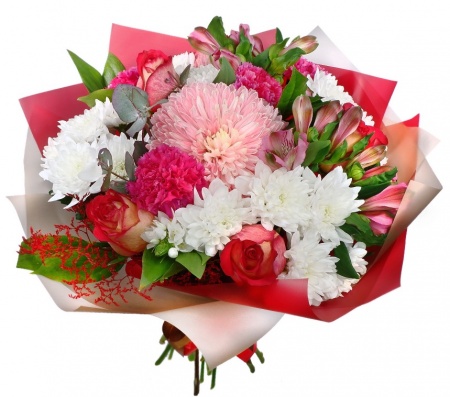 Букет "С Хризантемой, розами и альстромерией"