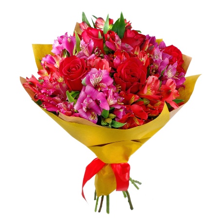 Букет "11 альстромерий микс с красными розами"