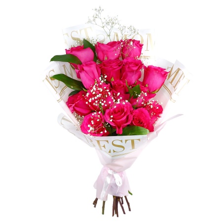 Букет " 15 розовых роз с рускусом и гипсофилой"