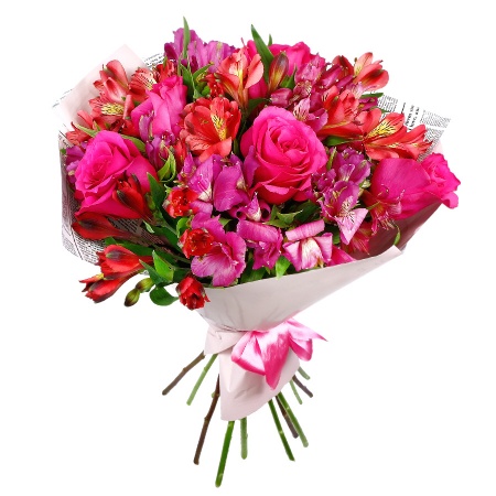 Букет "11 альстромерий микс с розовыми розами"