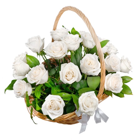 Композиция "21 белая роза в корзине"