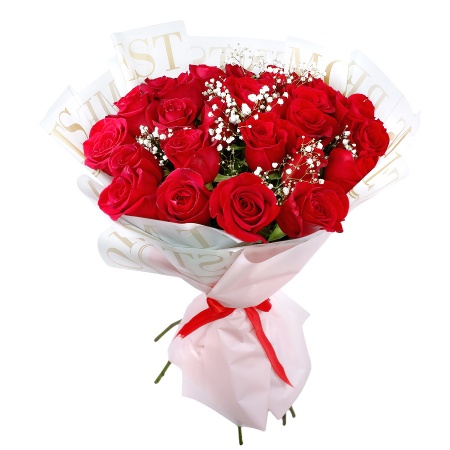 Букет "25 красных роз с гипсофилой в корейской упаковке"