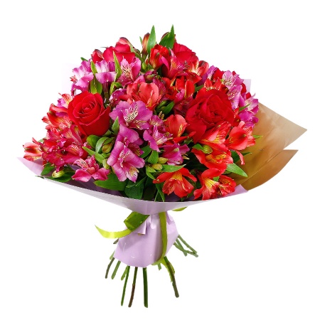 Букет "15 альстромерий микс с красными розами"
