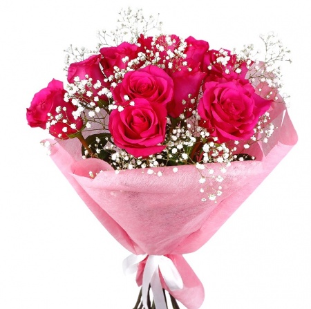 Букет "11 розовых роз с гипсофилой в фетре"