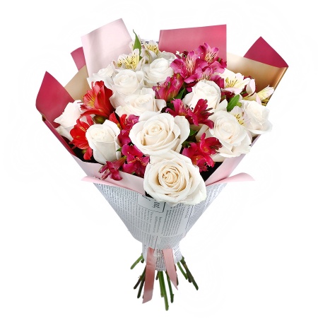 Букет "15 белых роз с альстромерией"