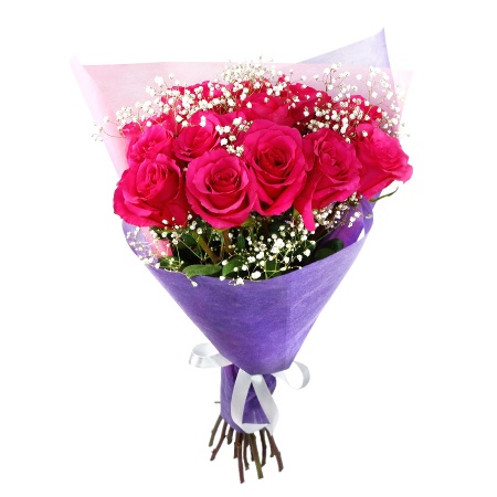 Букет "15 розовых роз с гипсофилой в фетре"