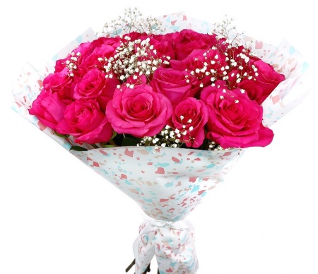 Букет "25 розовых роз с гипсофилой в корейской упаковке"